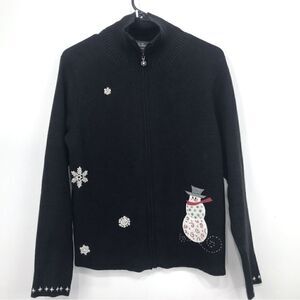 Woolrich Black Knit Snowman Snowflake Zip Up Cardigan Holiday Ski Lodge Sweater